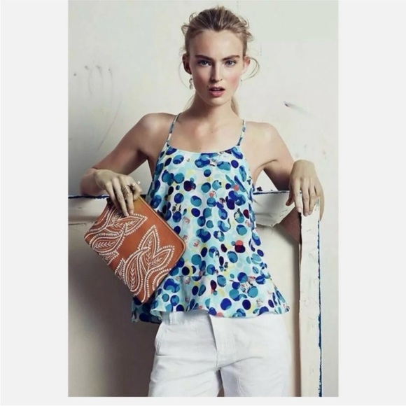 Anthropologie Maeve Zaballa 100% Silk Tank Aqua Motif Dotted Ruffled Sz 14 - Picture 1 of 10